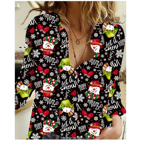New Spring and Autumn Comfortable Christmas Printed Patterns Women's Long sleeved Shirt with Collar Button Up Shirt for Women