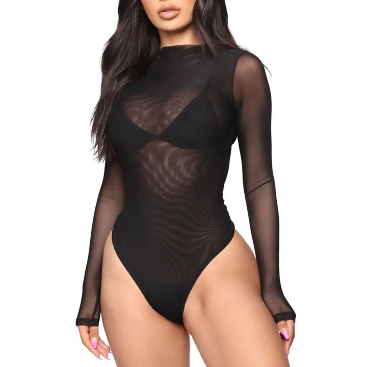 Women Bodysuit Sexy Black Skin Color Thin Mesh Bodysuit Long Sleeve See-through Mesh Skinny Half-high Collar Female Playsuit