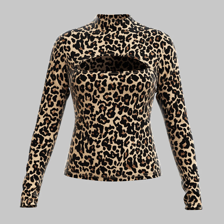Mia Muse Women's T-Shirts All Season French Sexy Cut-Out Leopard Print Long Sleeve Crew Neck Fashion T-Shirts
