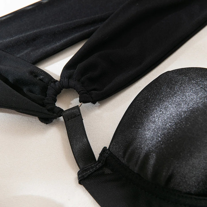Lady Sexy Single Shoulder Sleeve Shapewear Chest Gathered Cotton Splicing Mesh Underwear Women's Black Hollow Backless Jumpsuit