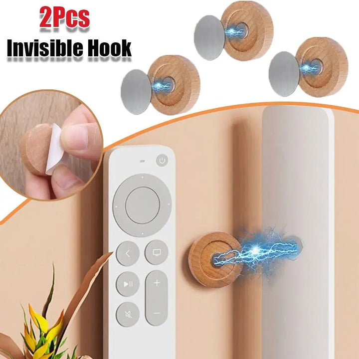 2Pcs Simple Wall Mounted Hooks Wooden Powerful Remote Control Invisible Hook Keys Fridge Stickers Storage Rack Home Organizer