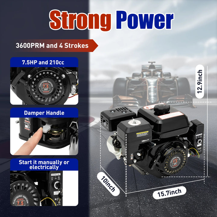 212CC 4-Stroke 7.5 HP Electric Start Horizontal Black Gasoline Engine Air Cooling Low Noise Stable Running With Large Fuel Tank