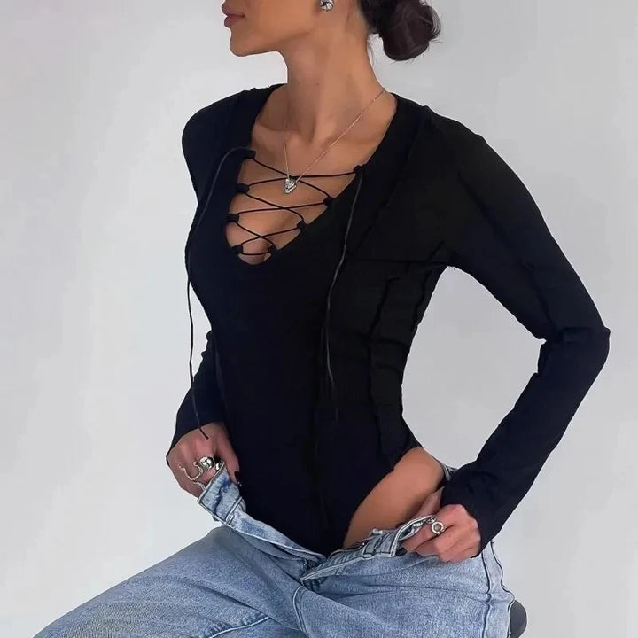 Y2k High Street Skinny Jumpsuit Rompers Tops Outfits Fashion Chic Lace-up Long Sleeve Slim Bodysuit For Women Sexy Solid Bodycon