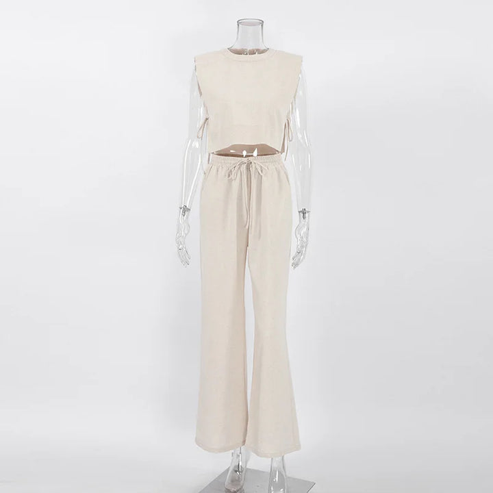 Spring Summer 2025 Women Holiday Linen Pant Set Crop Tops Solid Outfits 2 Two Piece Matching Set For Women