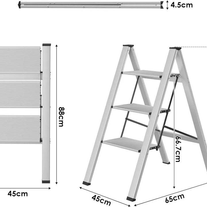 Aluminium 3-4 Step Ladder with Wide Steps Lightweight Folding Ladder Portable Slim Step Stool Safety Household Ladder Stepladder
