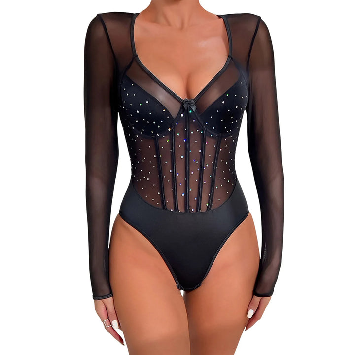 Women One-Piece Bodysuit Sexy Shiny Sequins Long Sleeve Bottoming Undershirts Deep V-Neck Mesh Jumpsuits Y2k Tops Mujer Clubwear