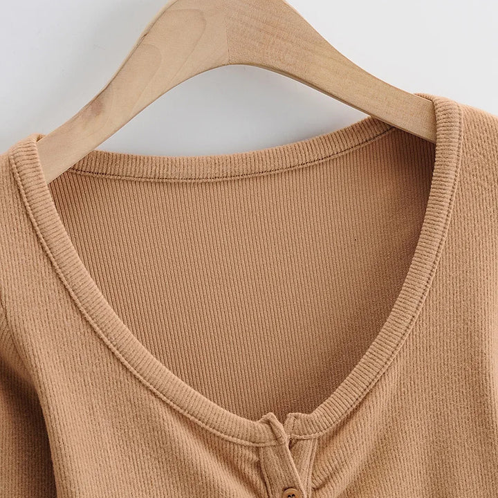 Slim V-neck Long Sleeve Bottomed Womens Tops And Blouses High Street Solid Color Open Navel Cardigan
