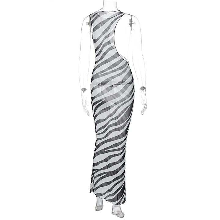 DGLUKE Zebra Long Beach Dress Cover-Up Sexy Transparent Mesh Maxi Dress Cut Out Bodycon Summer Holiday Vacation Dress Women 2024