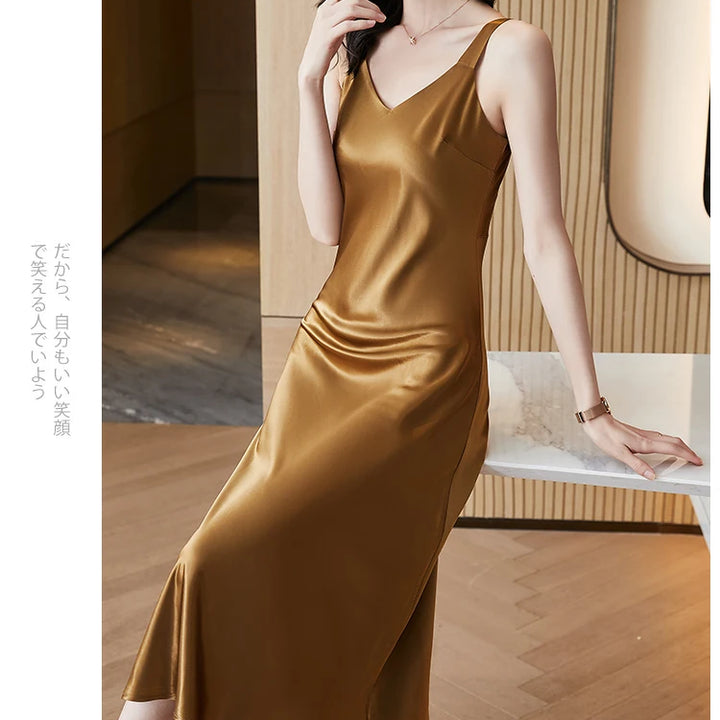 #4938 Sleeveless Spaghetti Straps Midi Satin Dress Women Solid Color V-neck Sexy A-line Party Dresses Women Evening Summer 2024