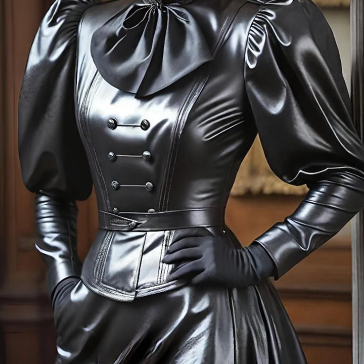 Women Vintage Stand Collar PU Leather Long Sleeve Blouse Cinched Solid Bow Puff Sleeve Leather T Shirt High Street Streetwear