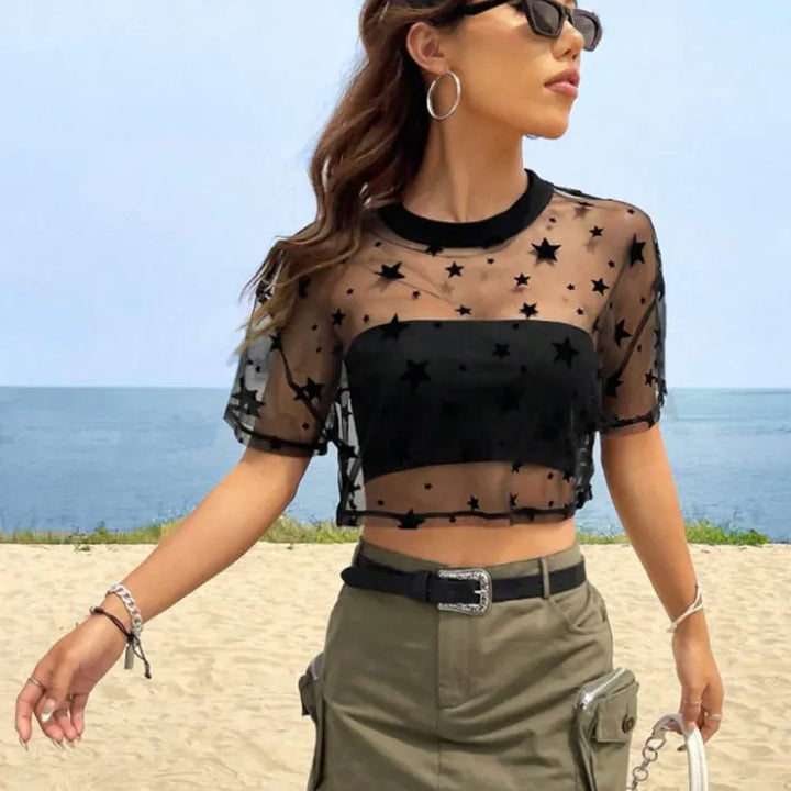 Summer Outfits Star Print Drop Shoulder Crop Mesh Top Without Camisole