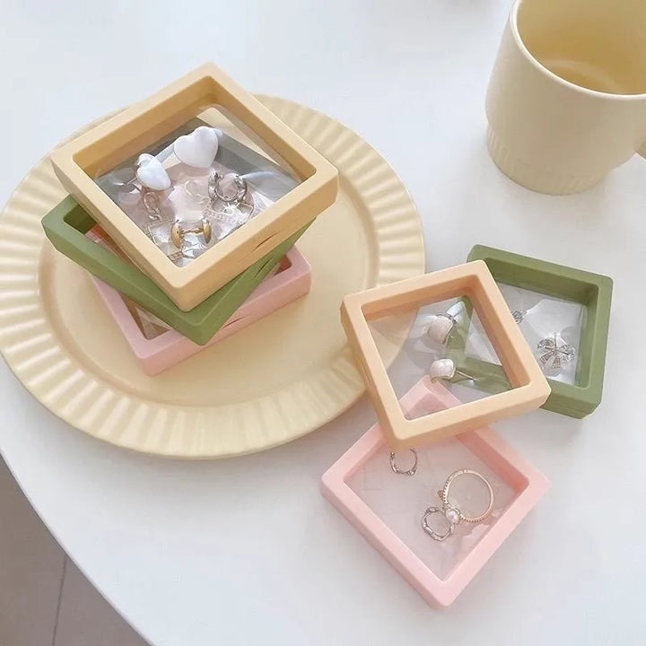 Transparent PE Film Jewelry Storage Box Color 3D Floating Display Frame Coin Dustproof Exhibition Ring Earrings Organizer Case