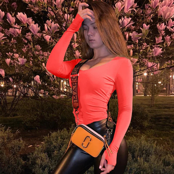 Orange Neon Bodysuit Women Long Sleeve Bodycon Sexy Autumn Winter Streetwear Club Party Outfits Casual Female Clothing