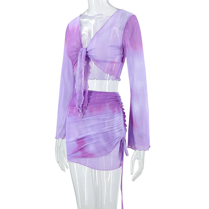 Fashion V-Neck Flare Sleeve Tie Dye Tops Mini Skirt Suit Women Mesh Tees Lace Up Skirts New Summer Female 2 Piece Set Outfits