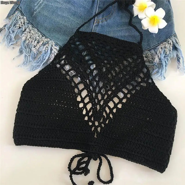 1X Women Summer Short Vest Sexy Hollow Out Plain White Halter Vest Strap Crop Tops Crochet Bikini Tank Tops Shirt
