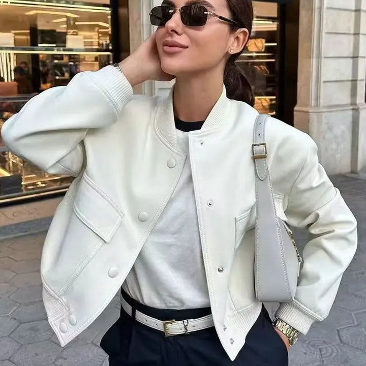 TRZA Women Fashion With Pockets Bomber Jacket Coats Vintage Long Sleeve Front Button Casual Female Outerwear Chic Tops