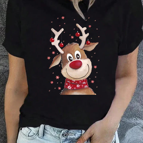 Cute Christmas Reindeer Printed Women T Shirt Casual Short Sleeve O Neck Female Tshirt Ladies Tee Shirt Top Christmas Gifts