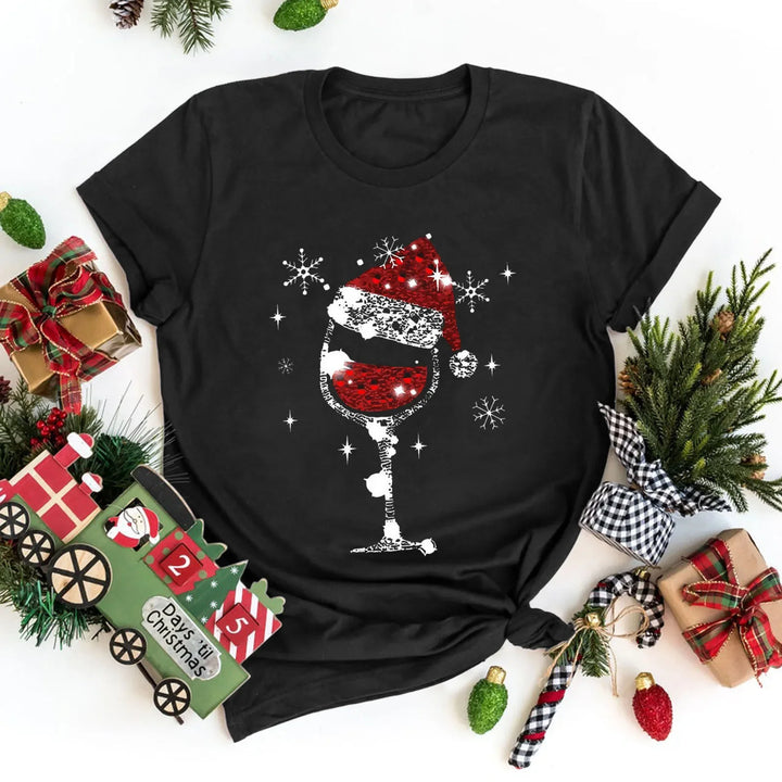 Christmas Women's Casual T-Shirs 2024 Summer Red Hat Wine Glass Graphic Tees XMAS Funny Print Tops Short Sleeve O-Neck Clothes