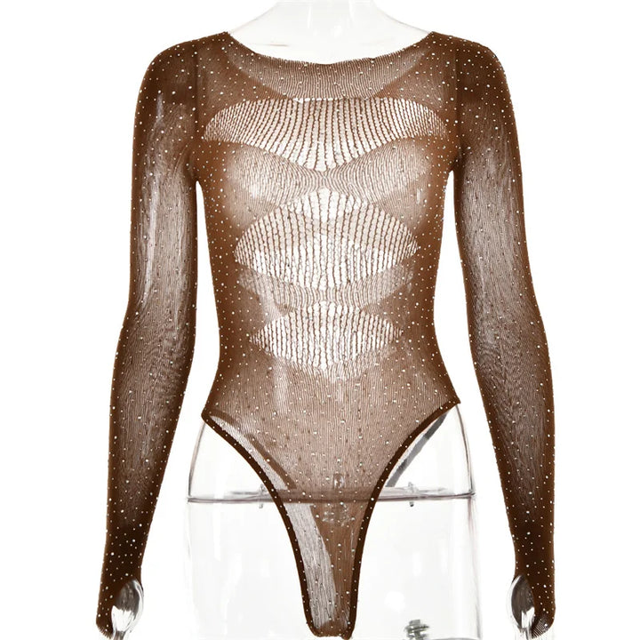 Fantoye Sexy Mesh Transparent Long Sleeve Skinny High Stretch Hollow Out Solid Thin Female Bodysuit Club Wear New Hot