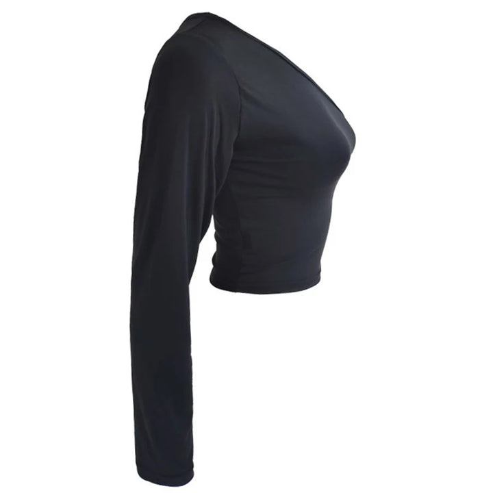 CDJLFH Sexy One Shoulder Crop Top T Shirt Women Diagonal Collar Long Sleeve Tshirt Casual Basic White Slim Fit Bodycon Tees Tops