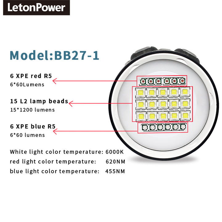 Professional Underwater 27 LED Photography Light Highlight Lamp 20000Lumens Diving Flashlight 100M Waterproof Video Camera torch