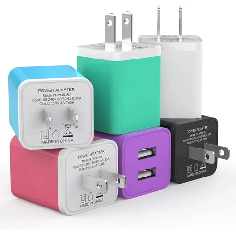 6 Pack USB Wall Charger, 2.4A Dual USB Port Cube Power Plug Adapter Fast Brick for to Apple and Samsung series -Colorful