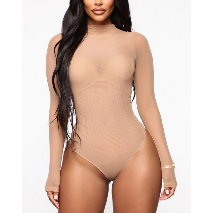 Bodysuits High Neck Bodycon Jumpsuit See Through Romper Black Beige NEW Sexy Mesh See Through Bodysuit Women Long Sleeve Sheer