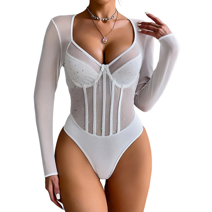 Women One-Piece Bodysuit Sexy Shiny Sequins Long Sleeve Bottoming Undershirts Deep V-Neck Mesh Jumpsuits Y2k Tops Mujer Clubwear