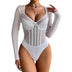 Women One-Piece Bodysuit Sexy Shiny Sequins Long Sleeve Bottoming Undershirts Deep V-Neck Mesh Jumpsuits Y2k Tops Mujer Clubwear