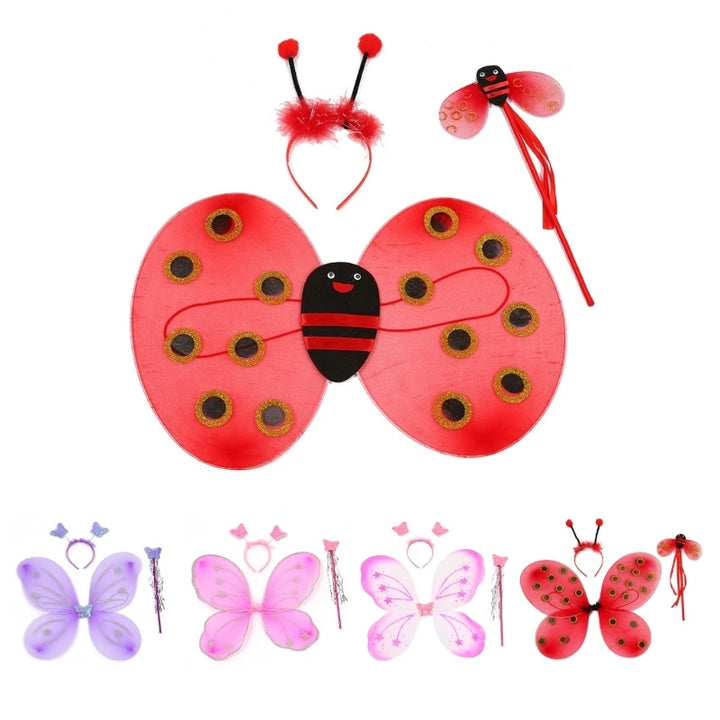 4Pcs/Set Kid Fairy Costume Set Ladybird Bee Glitter Cute Wing Striped Layered Tutu Skirt Wand Headband Dress Up Halloween Outfit