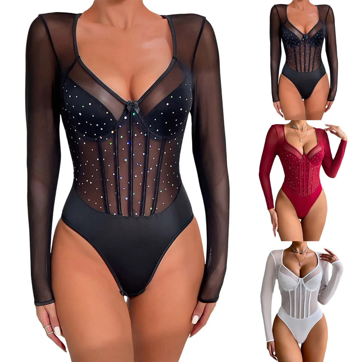 Women One-Piece Bodysuit Sexy Shiny Sequins Long Sleeve Bottoming Undershirts Deep V-Neck Mesh Jumpsuits Y2k Tops Mujer Clubwear