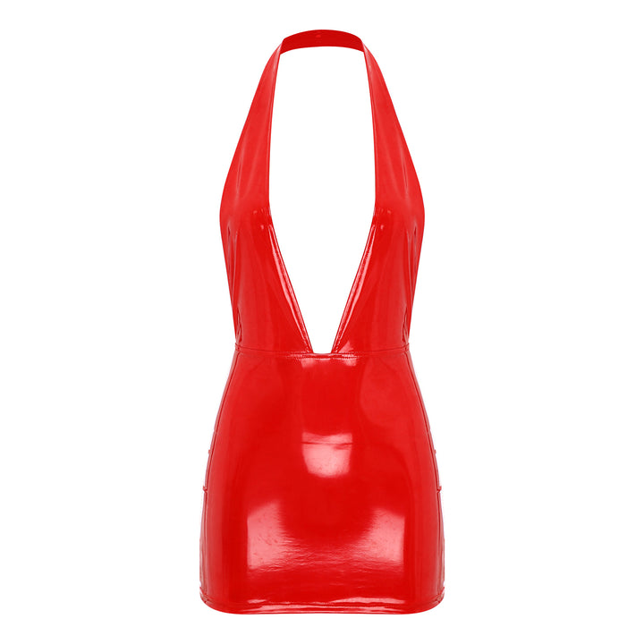Women Wet Look PVC Leather Club Bodycon Dress Latex Rave Party Costume Hot Deep V Neck Backless Mini Dresses Carnival Clubwear