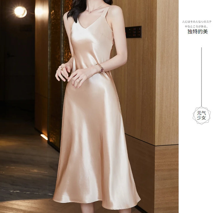#4938 Sleeveless Spaghetti Straps Midi Satin Dress Women Solid Color V-neck Sexy A-line Party Dresses Women Evening Summer 2024