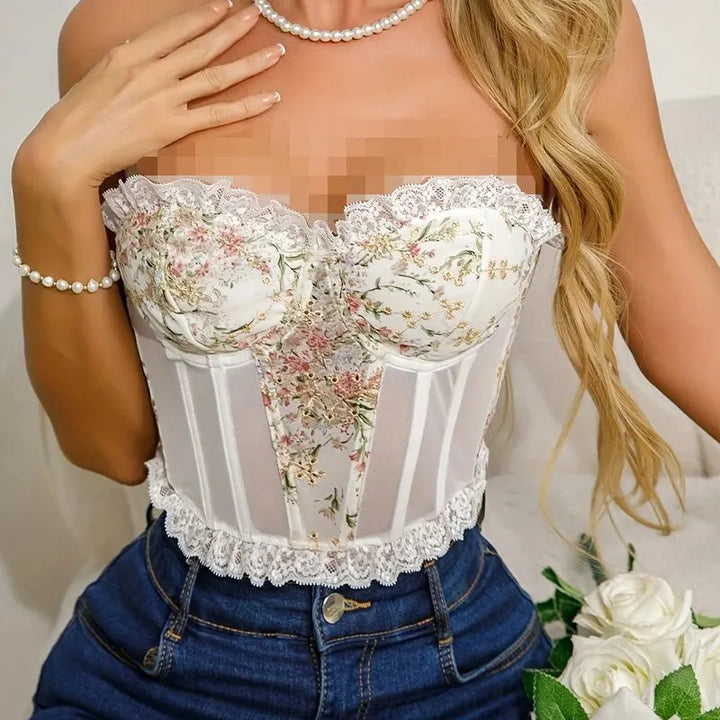 Women's White Sexy Lace Mesh Fish Bone Chest Flower Embroidered Bra Women's Strapless Lace Top Wrapped Chest