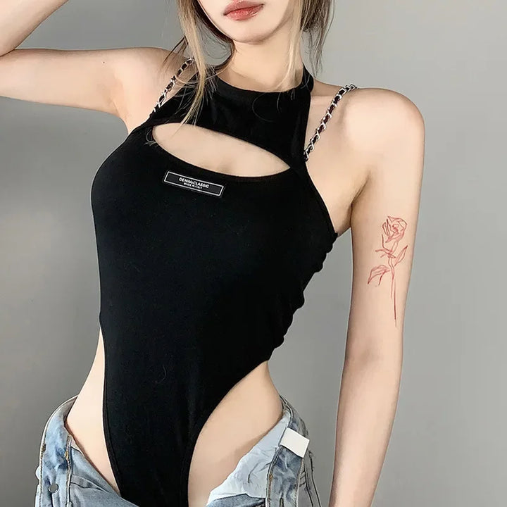 Hollow Out Sexy Bodysuit Lingerie Black Off Shoulder Bustier Hanging Neck Body Feminino Sleeveless Fashion Trends Women Clothing