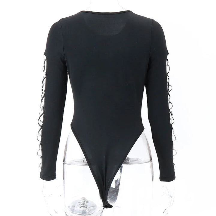 Candyhot Sexy Dot Hollow Out Bodysuit Y2K Gothic Punk Long Sleeves Bodycon T-shirt Women Autumn Streetwear Slim Bodice Bodysuits