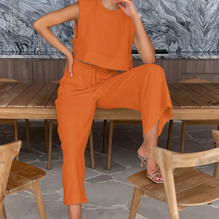Spring Summer 2025 Women Holiday Linen Pant Set Crop Tops Solid Outfits 2 Two Piece Matching Set For Women