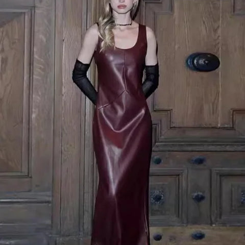 Vintage Elegant Dress Women Summer Leather Classic Sleeveless Slits Basic Simple Trend Stretch Party Long Bodycon