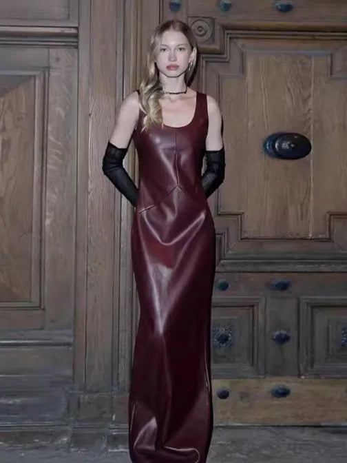 Vintage Elegant Dress Women Summer Leather Classic Sleeveless Slits Basic Simple Trend Stretch Party Long Bodycon