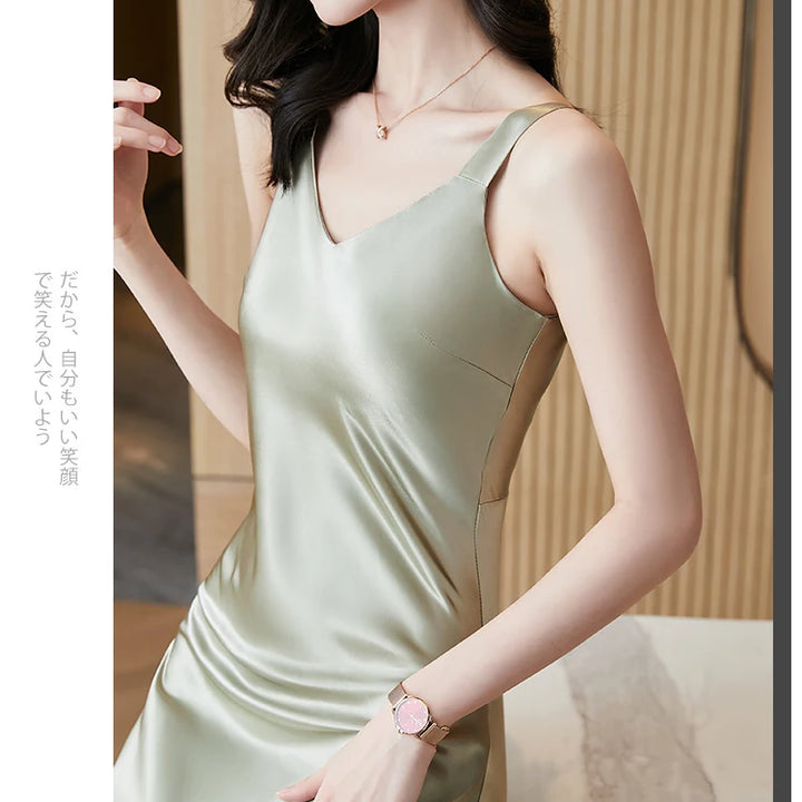 #4938 Sleeveless Spaghetti Straps Midi Satin Dress Women Solid Color V-neck Sexy A-line Party Dresses Women Evening Summer 2024
