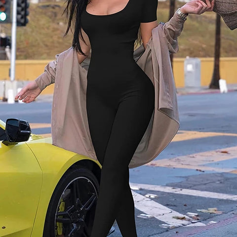 Women's Rompers Short Sleeve Solid Skinny Bodycon Jumpsuits Fashion Sports Fitness Casual Activity Streetwear Overalls