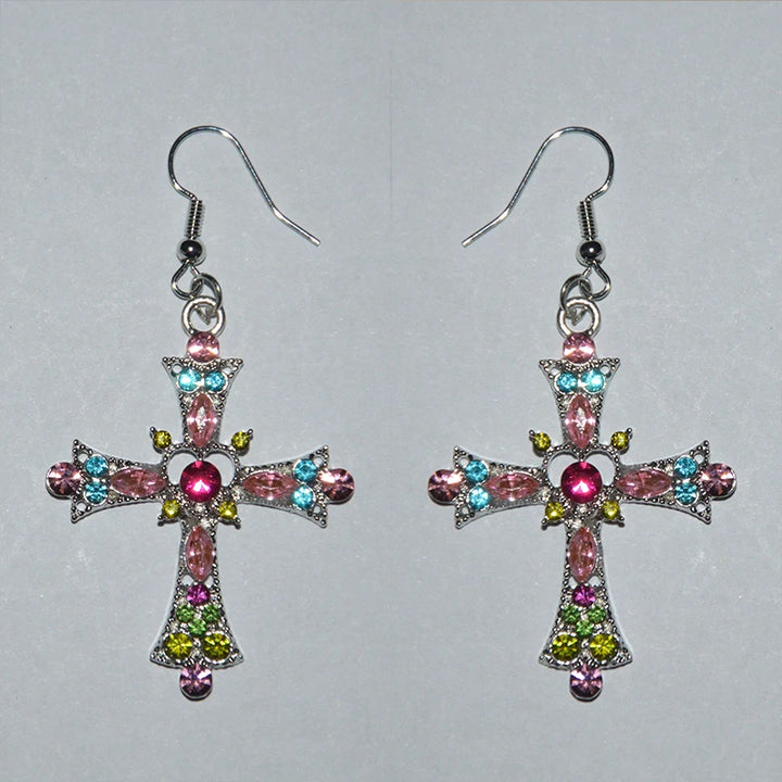 Gothic Pink Heart Cross Earrings Y2K Kpop Purple Zircon Cross Drop Earring for Women Grunge Egirl Earrings Jewelry Accessories