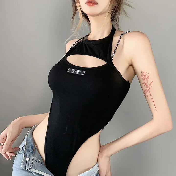 Hollow Out Sexy Bodysuit Lingerie Black Off Shoulder Bustier Hanging Neck Body Feminino Sleeveless Fashion Trends Women Clothing