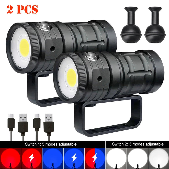 Professional LED Diving Flashlight 18000LM COB Tactical Torch IPX8 Waterproof Glare Video Camera Light White Blue Red Fill Light