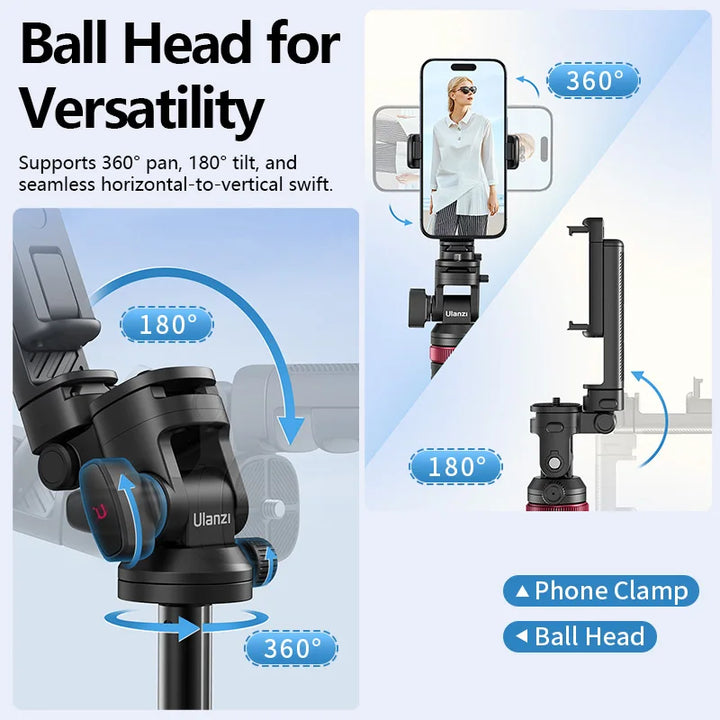 Ulanzi MT-78 Quick-Release Tripod with Cold Shoe Mount 1.85M Height with Flexible Ball Head for Selfie Vlogging Live Photograph