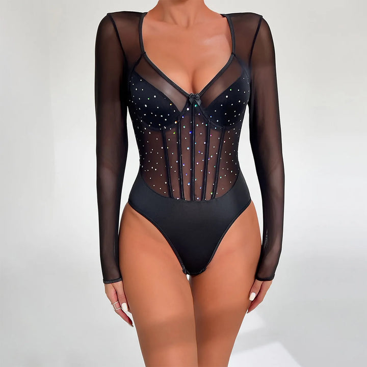 Women One-Piece Bodysuit Sexy Shiny Sequins Long Sleeve Bottoming Undershirts Deep V-Neck Mesh Jumpsuits Y2k Tops Mujer Clubwear