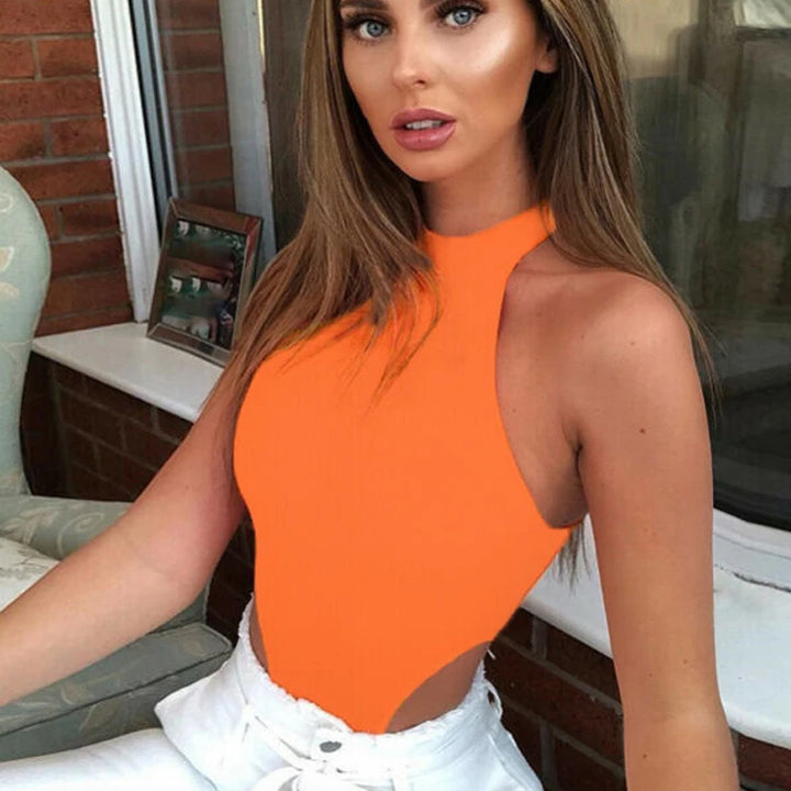 Women Ladies Sexy Sleeveless Solid Color High Cut Slim Skinny Bodycon Club Beach Fashion Halter Bodysuits Leotard