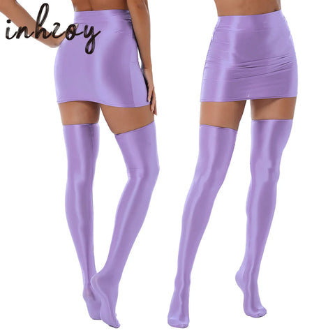 Womens Glossy Nightclub Outfit Shiny High Waist Mini Skirt with Stockings Set Rave Party Cheer Booty Workout Pole Dance Clubwear