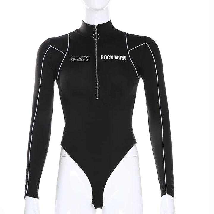 Women's Tight Bottoming Sexy Body T-Shirt Long Sleeve Bodysuit Women Personality High-Neck Reflective Zipper One-Piece Tops