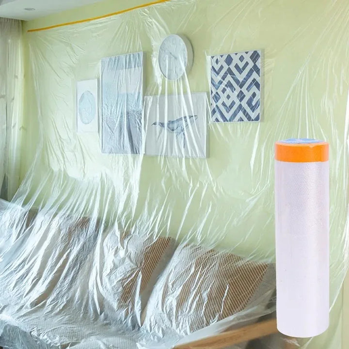 10/30m Disposable Cuttable Dust Film Self-adhesive Dustproof Film Plastic Paint Drop Cloth Sheeting Roll Pre-Taped Masking Films